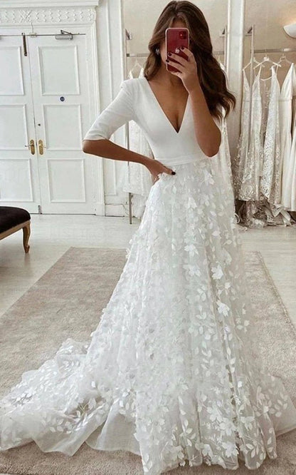 Floral A-line Boho Lace Sleeved Long Wedding Dresses with Sweep Train