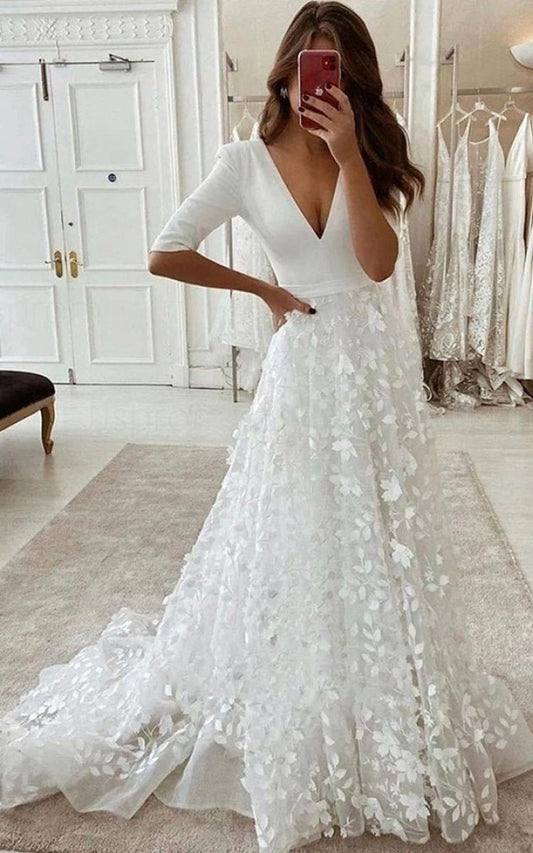 Floral A-line Boho Lace Sleeved Long Wedding Dresses with Sweep Train