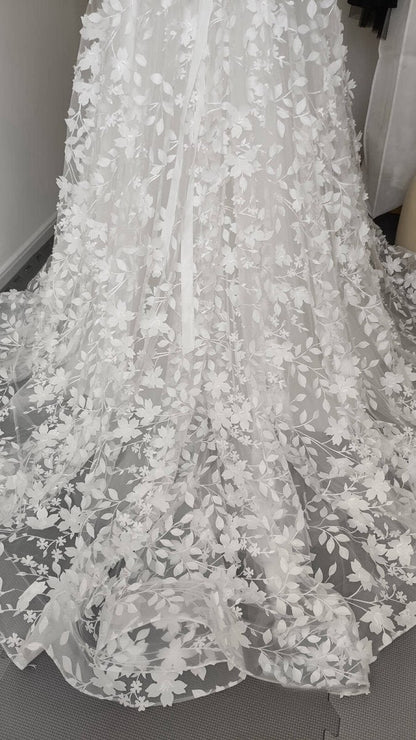 Floral A-line Boho Lace Sleeved Long Wedding Dresses with Sweep Train