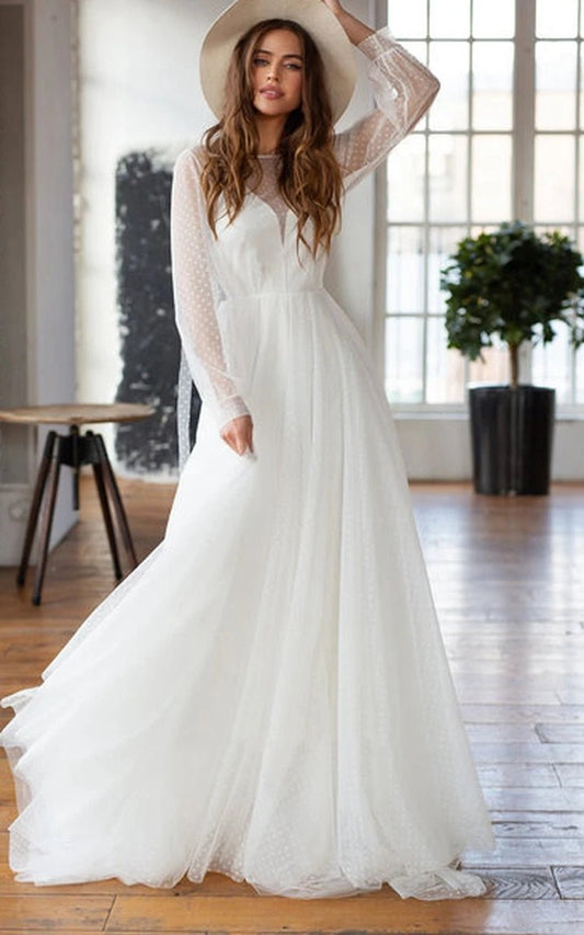 Elegant A-line Chiffon Bateau Long Sleeve Wedding Dresses with Beading