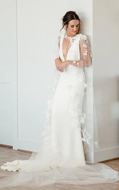 Modern Sheath V-neck Satin Sweep Train Wedding Dresses