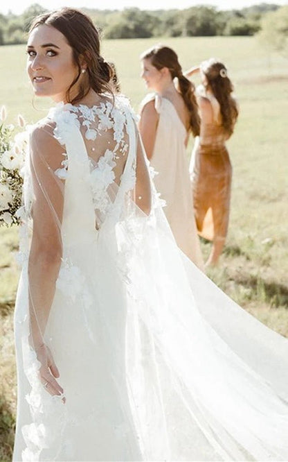 Modern Sheath V-neck Satin Sweep Train Wedding Dresses
