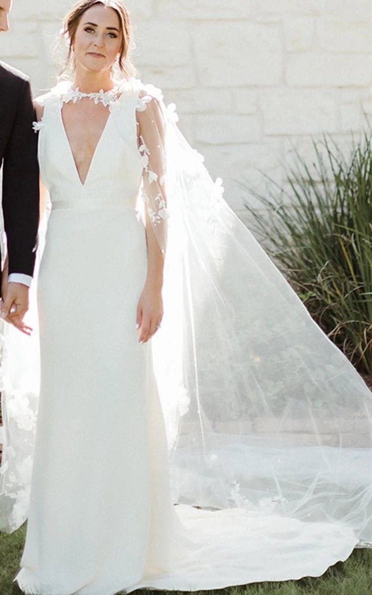 Modern Sheath V-neck Satin Sweep Train Wedding Dresses