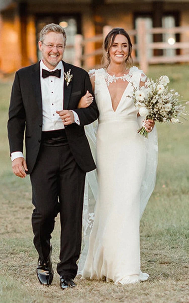 Modern Sheath V-neck Satin Sweep Train Wedding Dresses