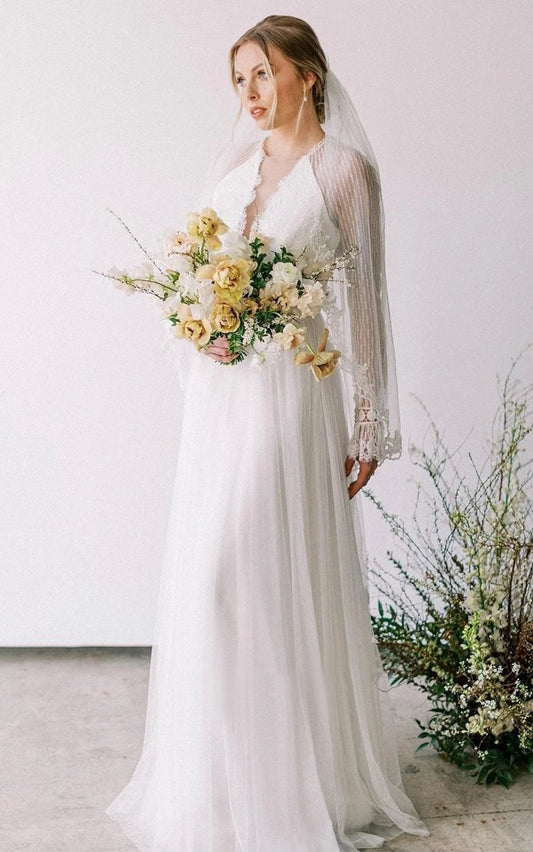 Casual A-line Bateau Lace Tulle Wedding Dresses with Long Sleeve And Sash