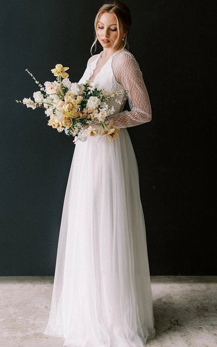 Casual A-line Bateau Lace Tulle Wedding Dresses with Long Sleeve And Sash