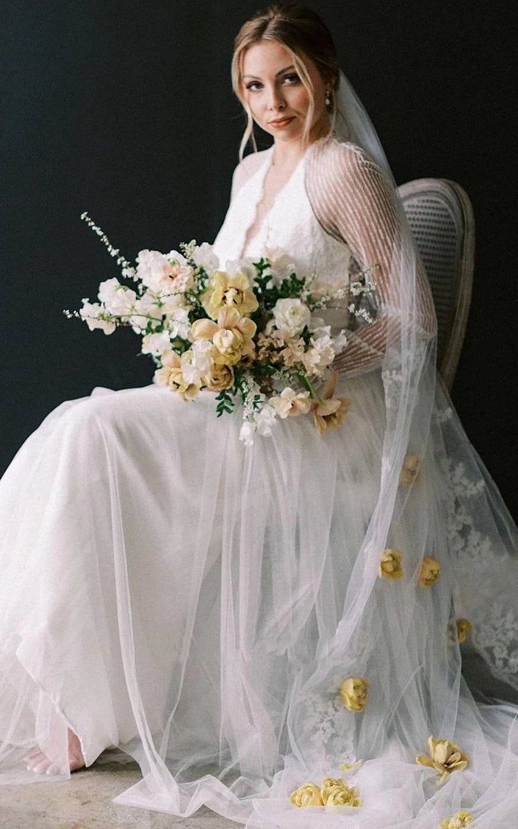 Casual A-line Bateau Lace Tulle Wedding Dresses with Long Sleeve And Sash