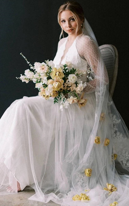 Casual A-line Bateau Lace Tulle Wedding Dresses with Long Sleeve And Sash