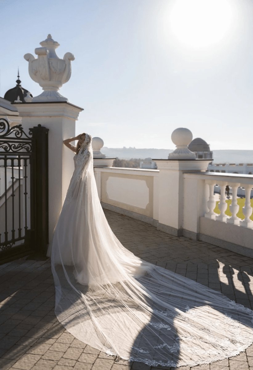 Simple Jewel Long Sleeve Brush Train Tulle Ball Gown Wedding Dresses with Appliques