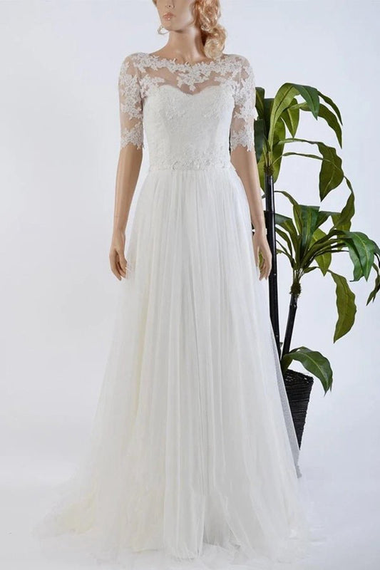 A-line Tulle Satin Bowed Lace Bolero Wedding Dresses