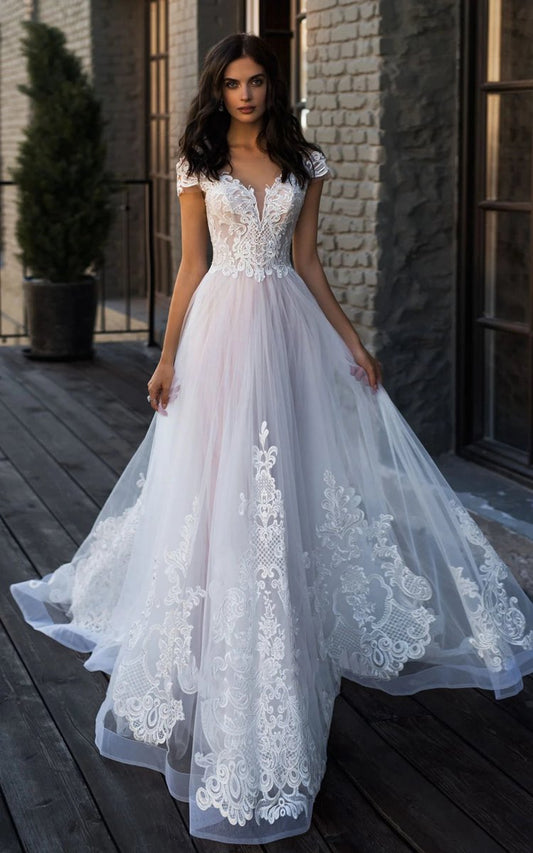 Ethereal Lace and Tulle V-neck A-line Chapel Train Wedding Dresses with Appliques