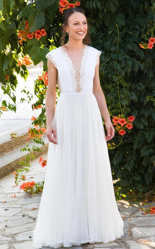 Greek A-line Plunging Neckline Chiffon Lace Wedding Dresses with Open Back And Pleats