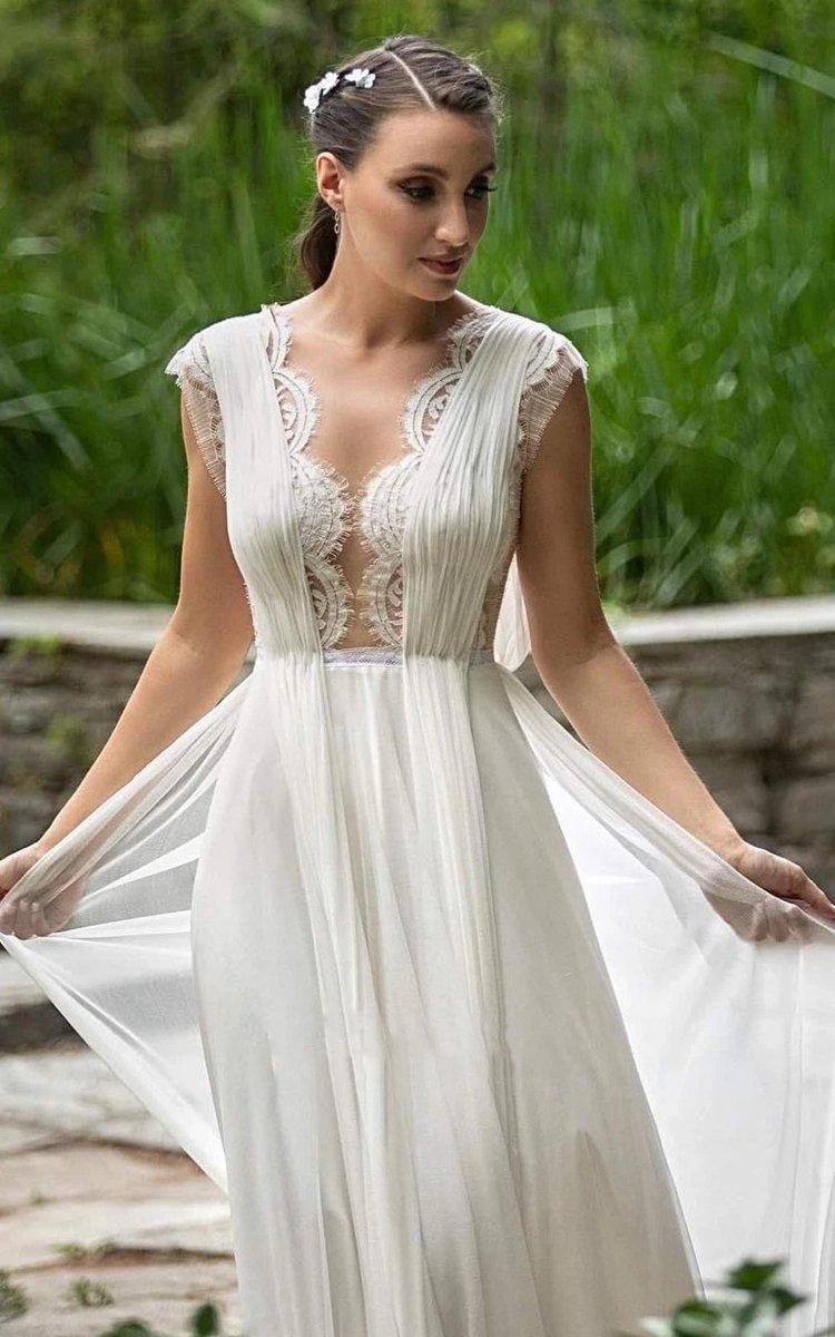 Greek A-line Plunging Neckline Chiffon Lace Wedding Dresses with Open Back And Pleats