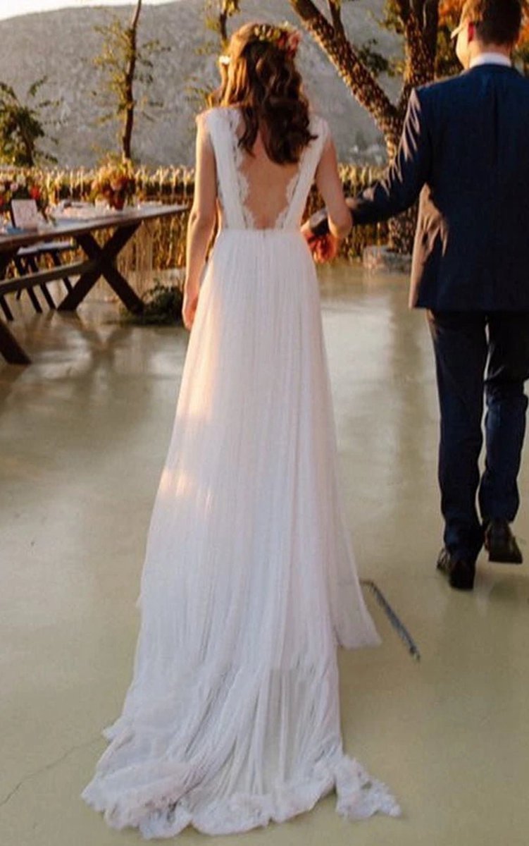 Greek A-line Plunging Neckline Chiffon Lace Wedding Dresses with Open Back And Pleats