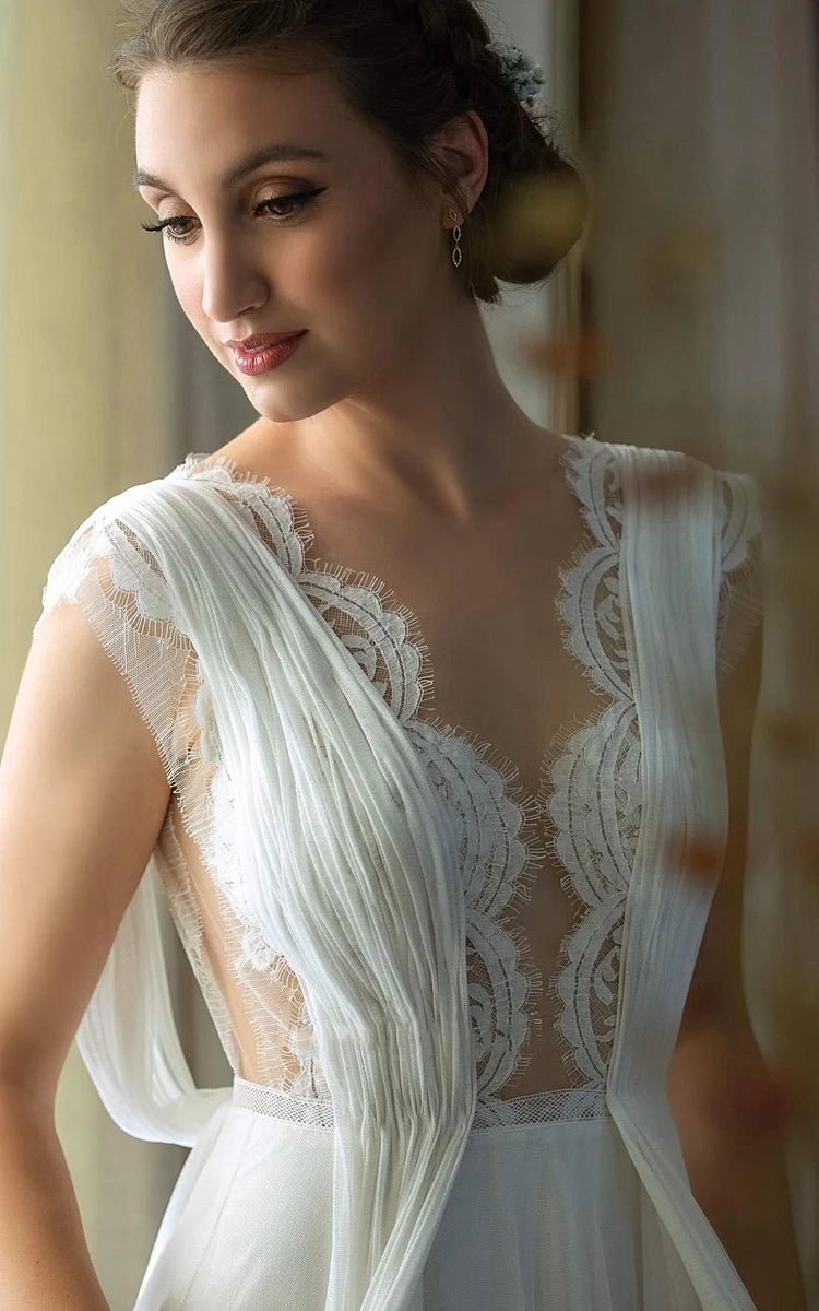 Greek A-line Plunging Neckline Chiffon Lace Wedding Dresses with Open Back And Pleats