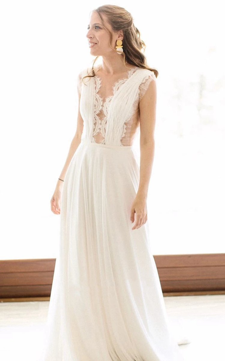 Greek A-line Plunging Neckline Chiffon Lace Wedding Dresses with Open Back And Pleats