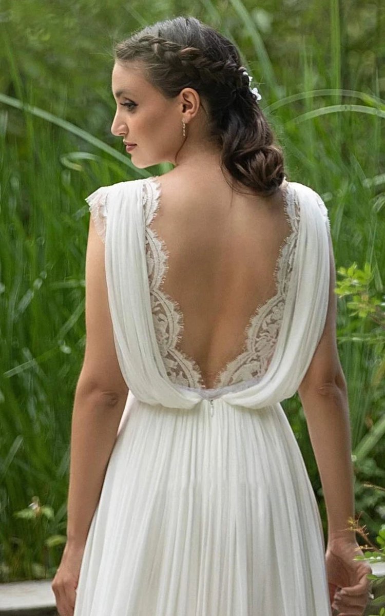 Greek A-line Plunging Neckline Chiffon Lace Wedding Dresses with Open Back And Pleats