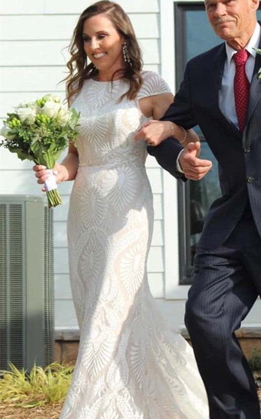 Bohemian Mermaid Bateau Neck Floor-length Lace Wedding Dresses