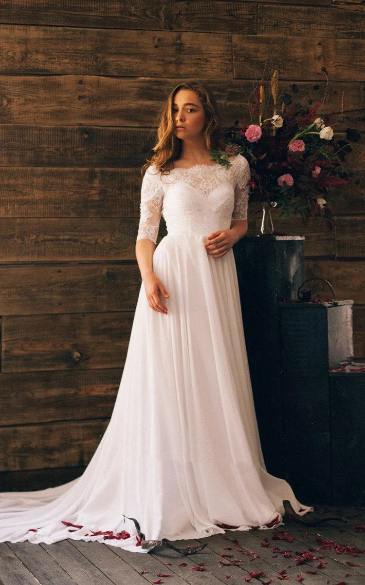 Romantic Style 3/4 Sleeve Long Chiffon Dresses with Lace Bodice