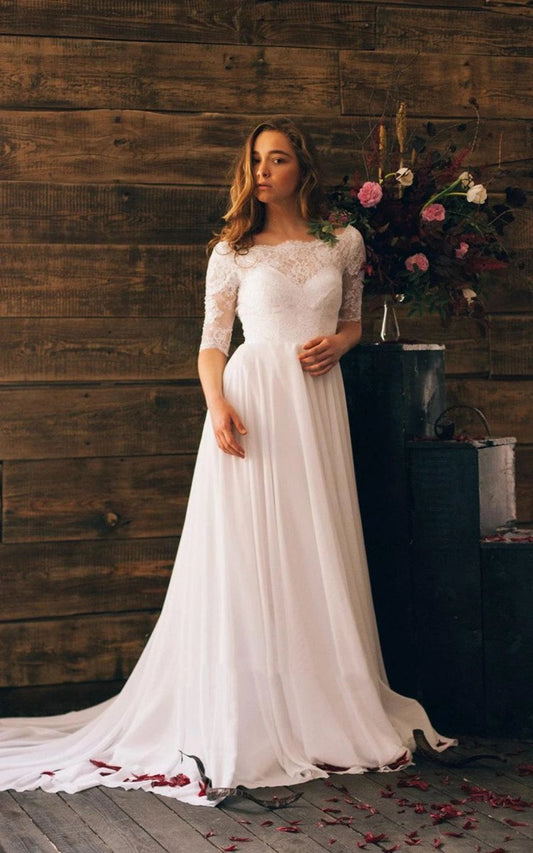 Romantic Style 3/4 Sleeve Long Chiffon Dresses with Lace Bodice