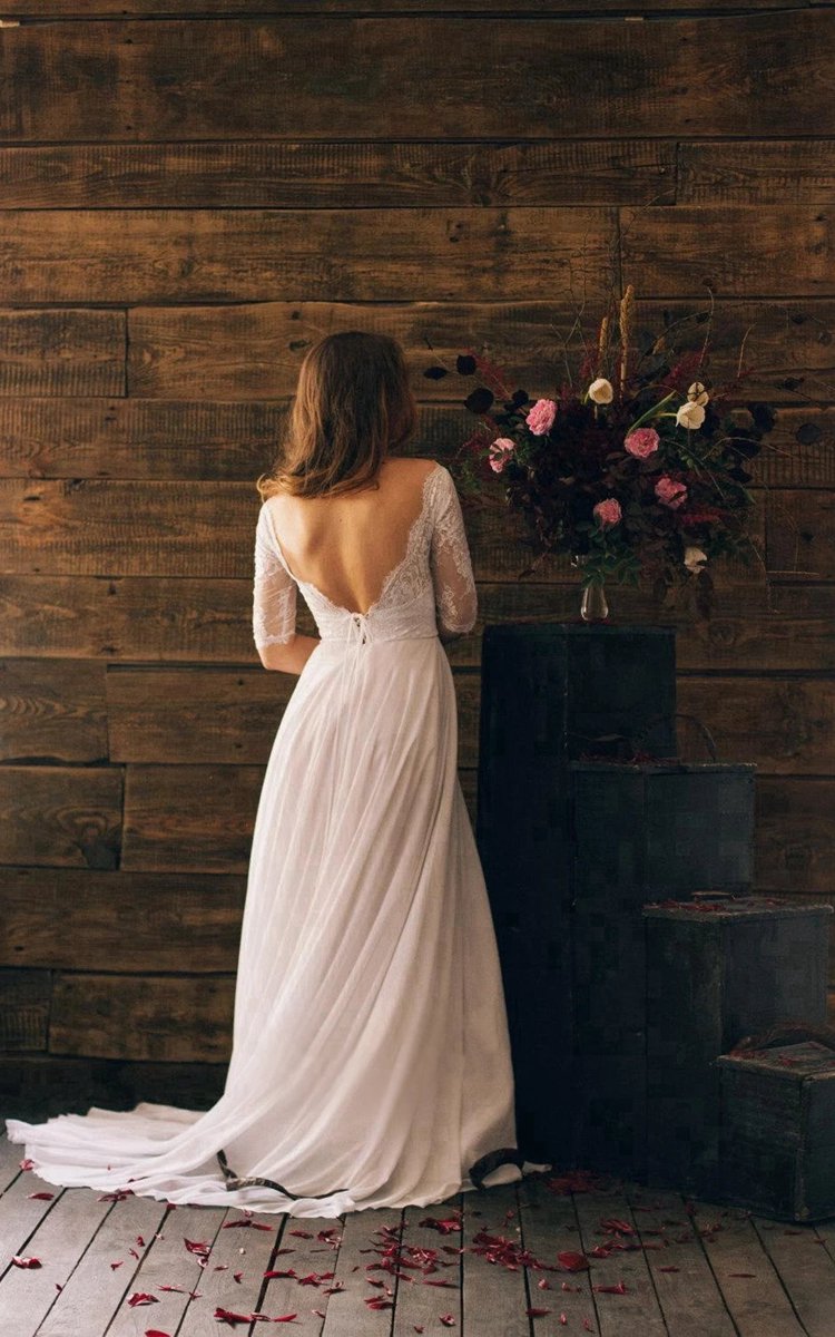 Romantic Style 3/4 Sleeve Long Chiffon Dresses with Lace Bodice