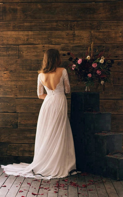 Romantic Style 3/4 Sleeve Long Chiffon Dresses with Lace Bodice