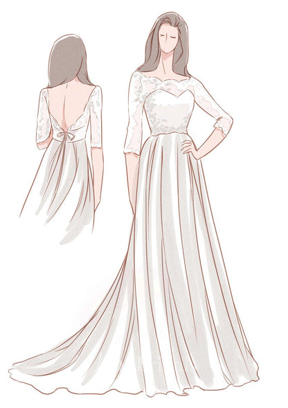 Romantic Style 3/4 Sleeve Long Chiffon Dresses with Lace Bodice