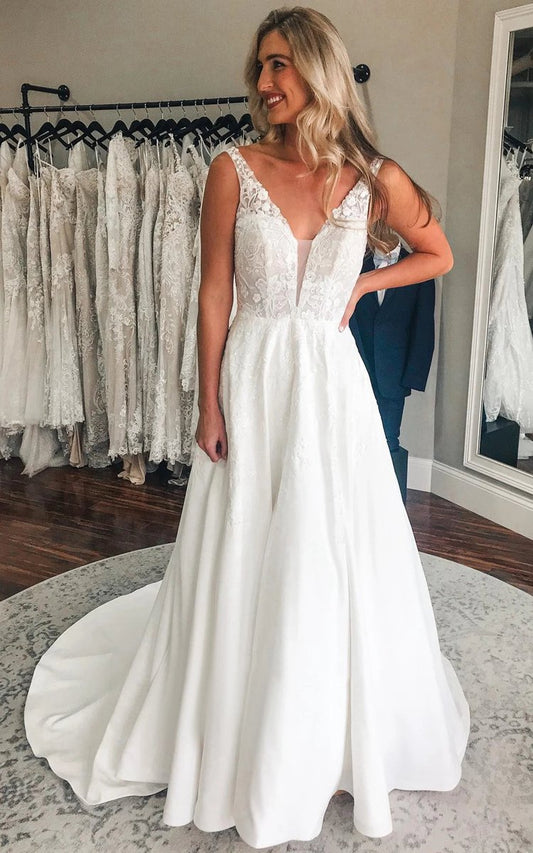 Plunging Neckline A-line Satin Wedding Dresses with Low-V Back And Appliques