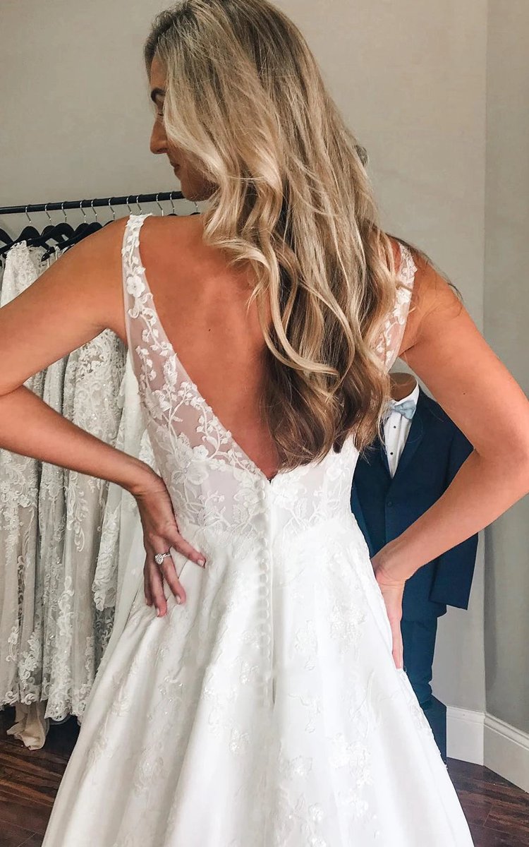 Plunging Neckline A-line Satin Wedding Dresses with Low-V Back And Appliques