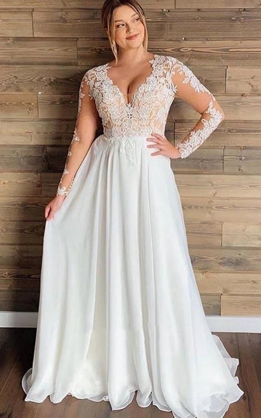 Mature Floral Long Sleeve A-line Lace Wedding Dresses