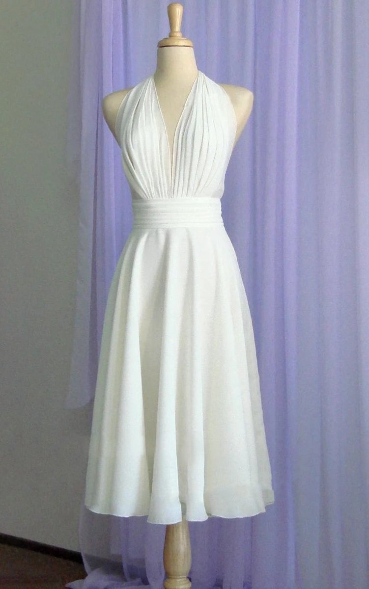 Vintage Tea-Length Chiffon Wedding Dresses with Halter Neck and Bow