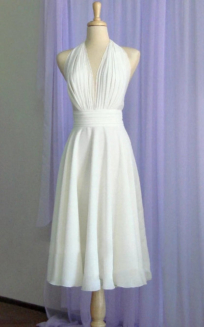 Vintage Tea-Length Chiffon Wedding Dresses with Halter Neck and Bow