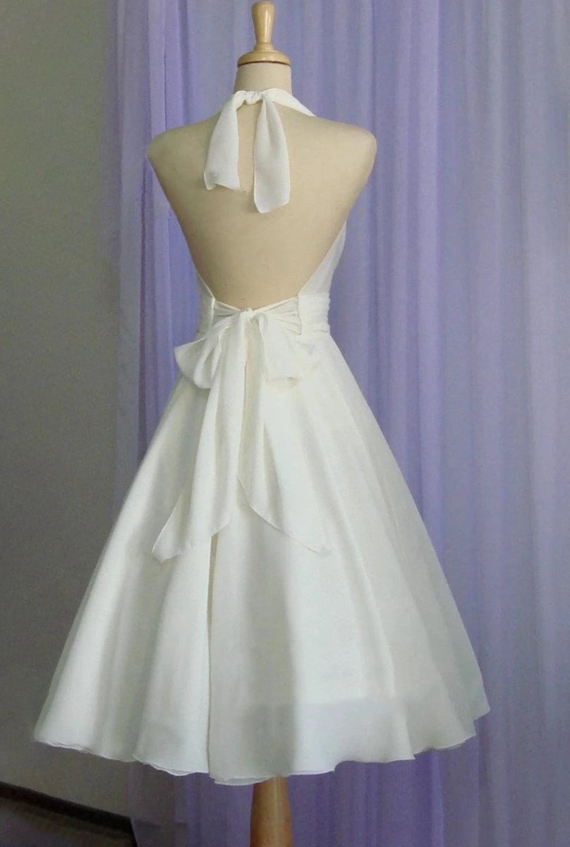 Vintage Tea-Length Chiffon Wedding Dresses with Halter Neck and Bow