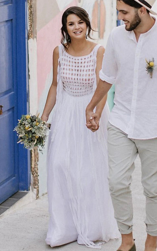 Casual A-line Bateau Lace Tulle Wedding Dresses with Open Back And Lace