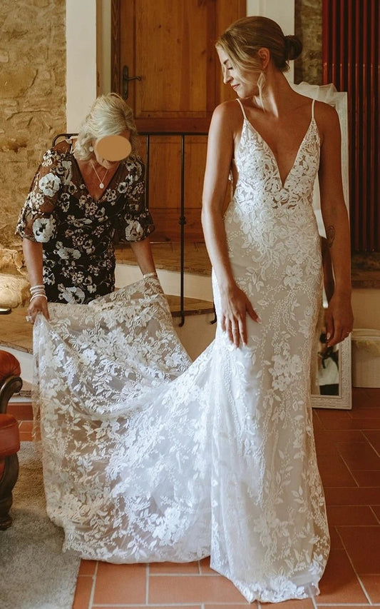 Bohemian Full Body Lace Mermaid Hip Wrap Wedding Dresses Spaghetti Straps with Backless