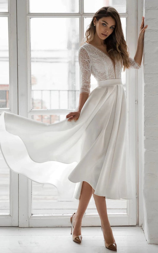 Satin V-neck A-line Tea-length Wedding Dresses with Ruching and Sash