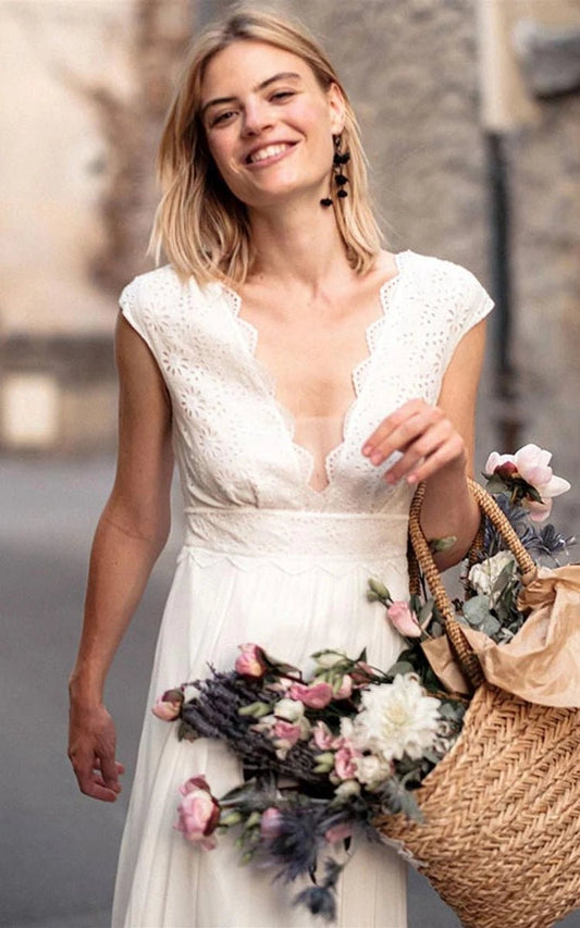 Ethereal Chiffon Lace V-neck A-line Short Sleeve Wedding Dresses with Low-V Back