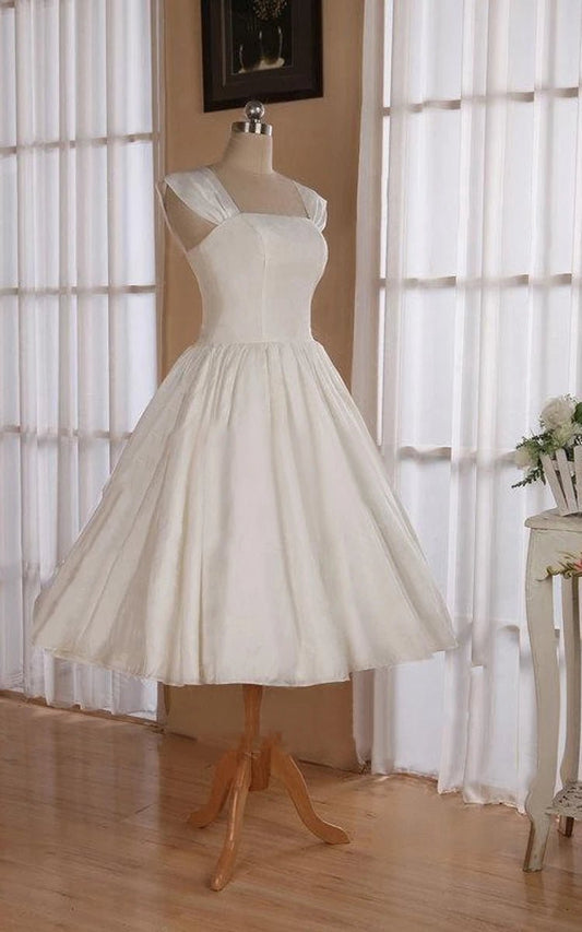 Straps Sleeveless Lace-Up Back Tea-Length Satin Wedding Dresses