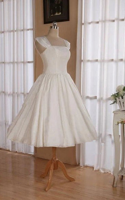 Straps Sleeveless Lace-Up Back Tea-Length Satin Wedding Dresses