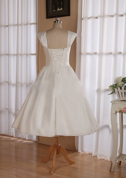 Straps Sleeveless Lace-Up Back Tea-Length Satin Wedding Dresses