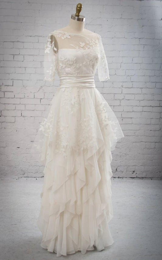 Stunning Illsion Neck Half-sleeved Ruffled Dresses with Removable Embriodery Peplum