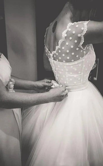 A-line Short Sleeveless Bell Cap Bat Ribbon Zipper Tulle Lace Dresses
