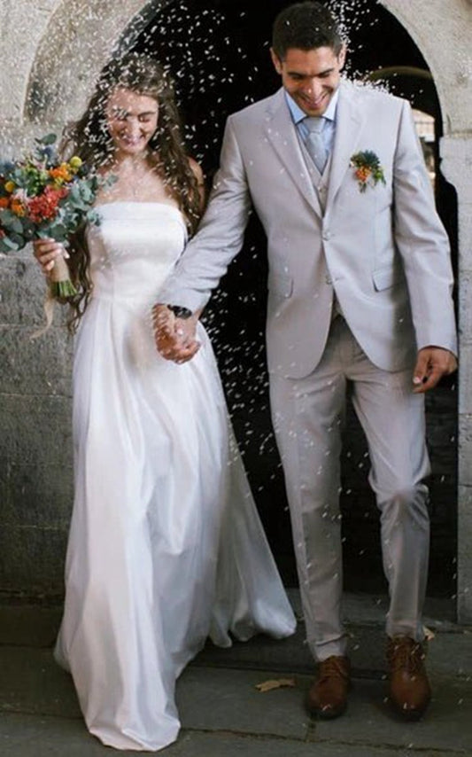 Casual A-line Strapless Satin Garden Wedding Dresses with Backless And Illusion Sleeves