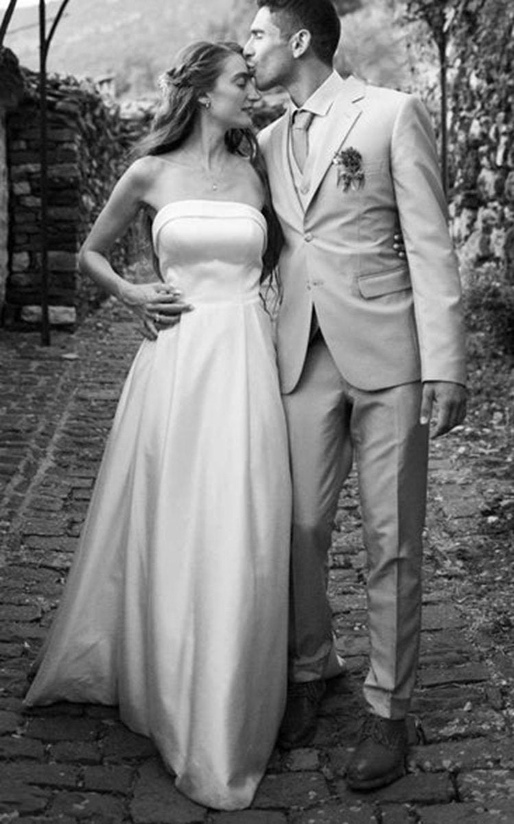 Casual A-line Strapless Satin Garden Wedding Dresses with Backless And Illusion Sleeves
