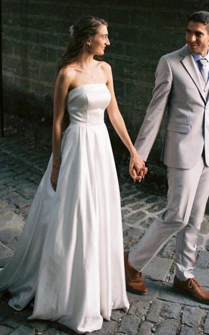Casual A-line Strapless Satin Garden Wedding Dresses with Backless And Illusion Sleeves