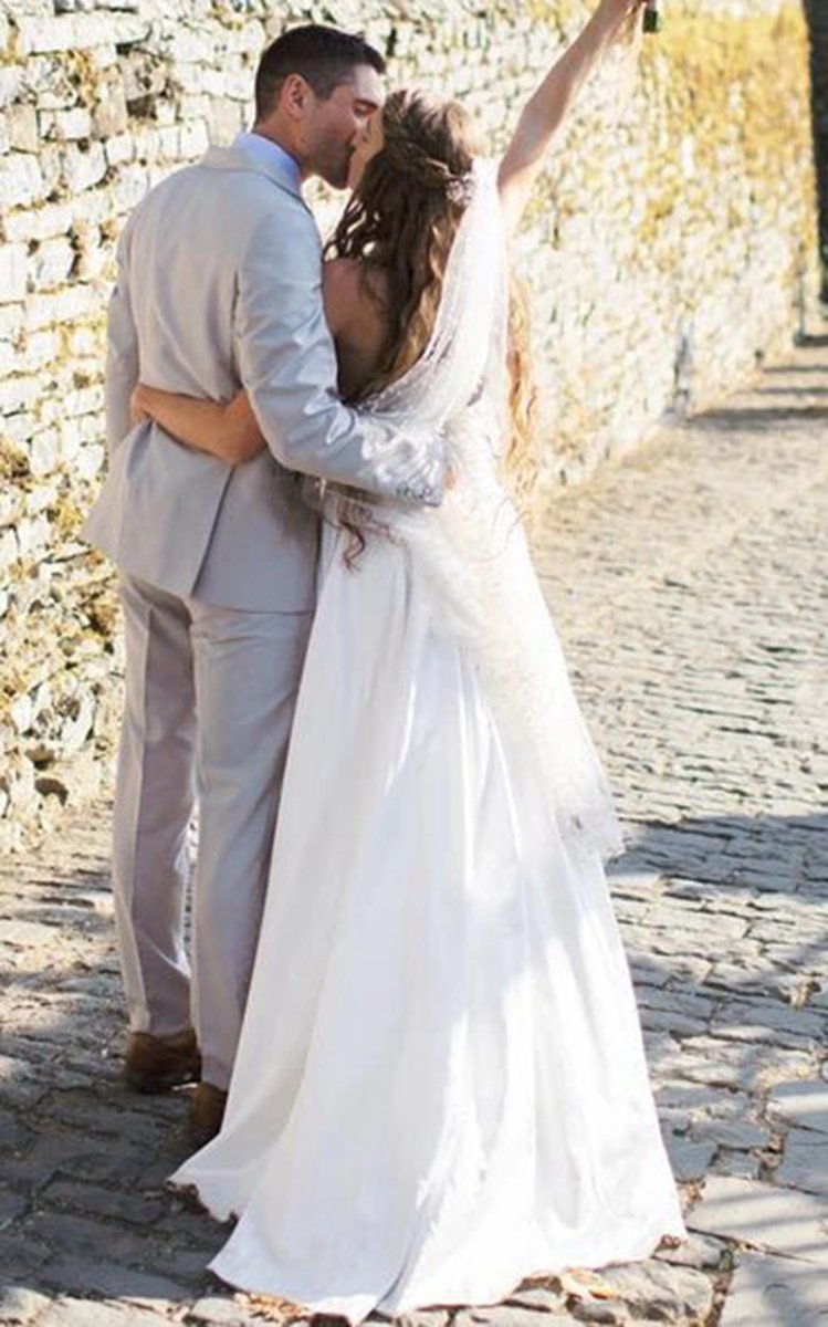 Casual A-line Strapless Satin Garden Wedding Dresses with Backless And Illusion Sleeves