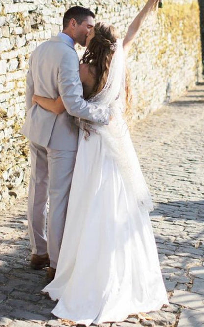 Casual A-line Strapless Satin Garden Wedding Dresses with Backless And Illusion Sleeves