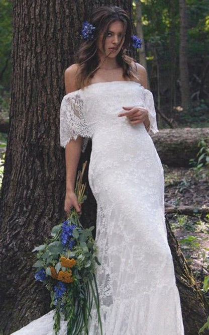 Boho Off-Shoulder Sheath Scalloped Lace Wedding Dresses with Long Train
