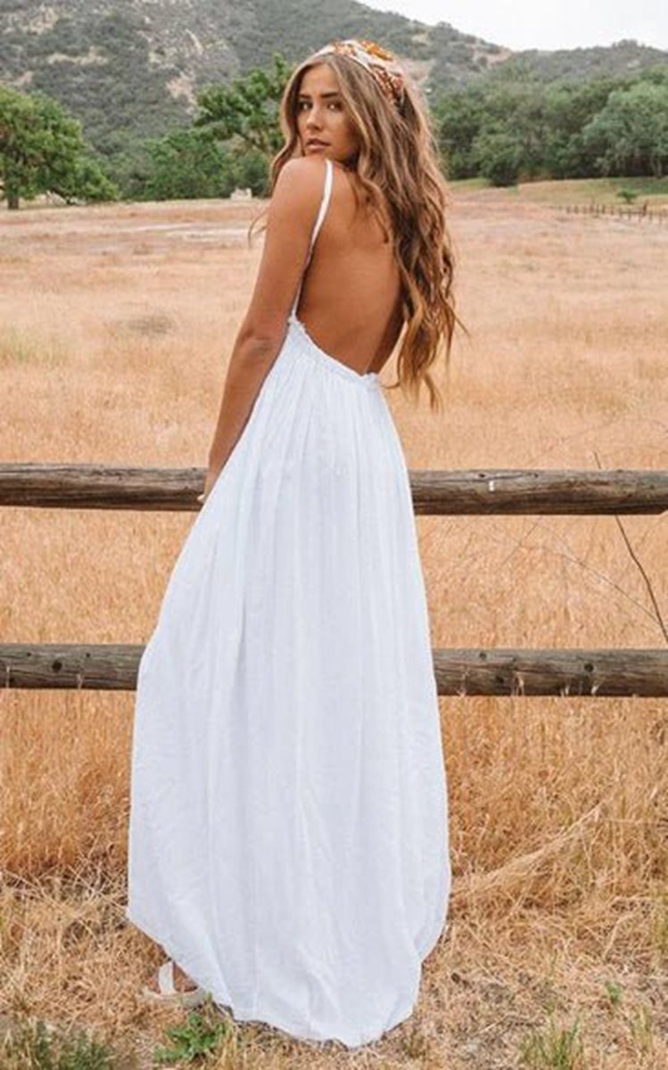 A-line Spaghetti Chiffon Lace Floor-length Sleeveless Wedding Dresses