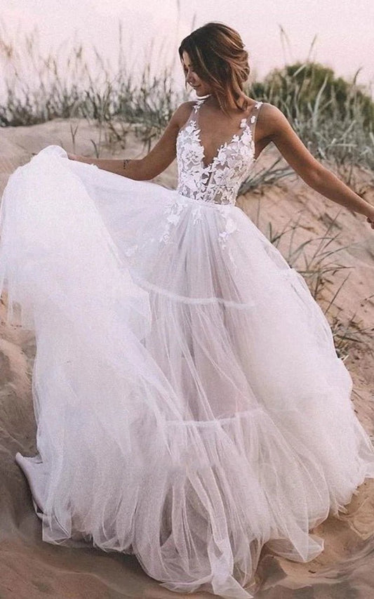A-line V-neck Lace Tulle Sleeveless Wedding Dresses with Appliques